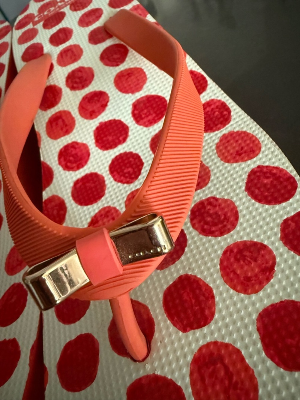 Coach Coral Flip Flops with Red Polka Dots - Picture 2 of 5